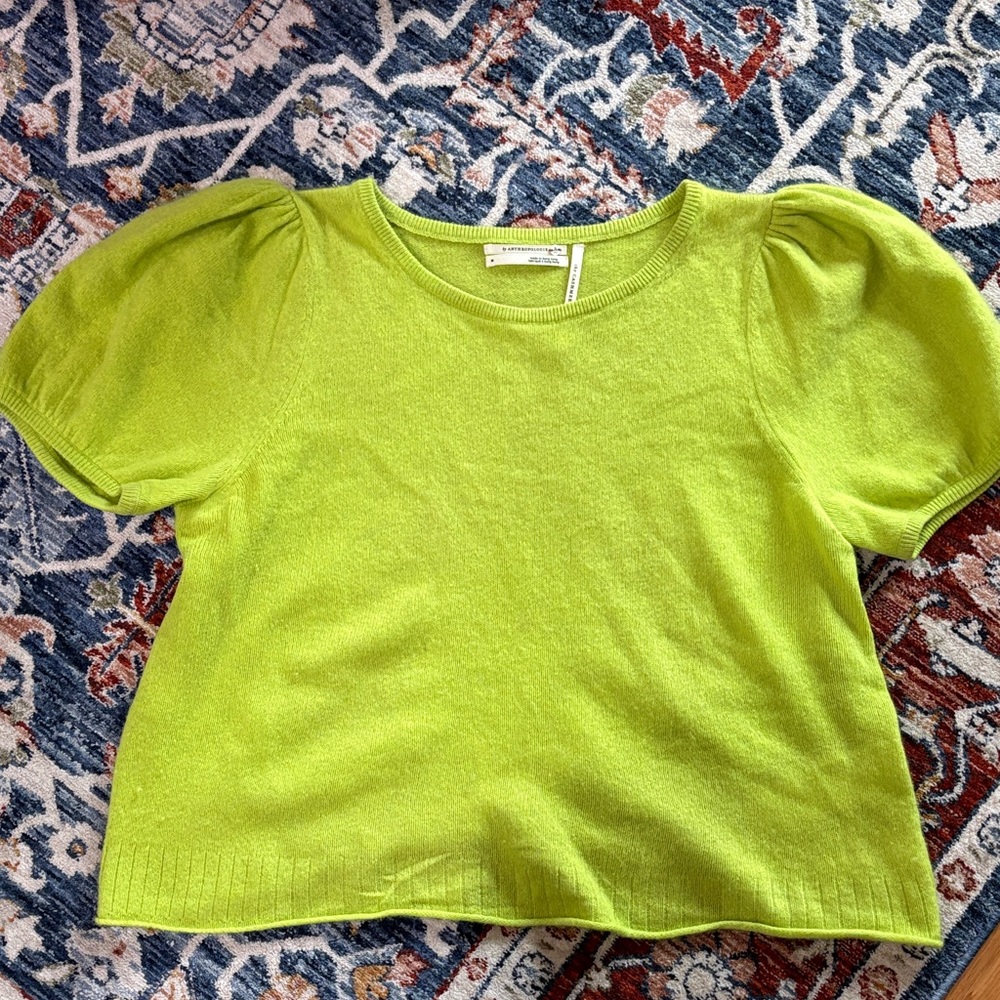 Anthropologie Green Short Puff Sleeve Cashmere Sweater